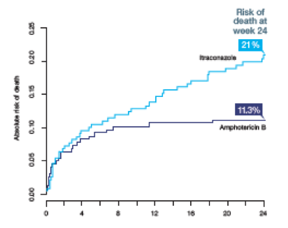 Estimated risk of death at week 24 in patients receiving itraconazole vs amphotericin B for HIV-associated talaromycosis